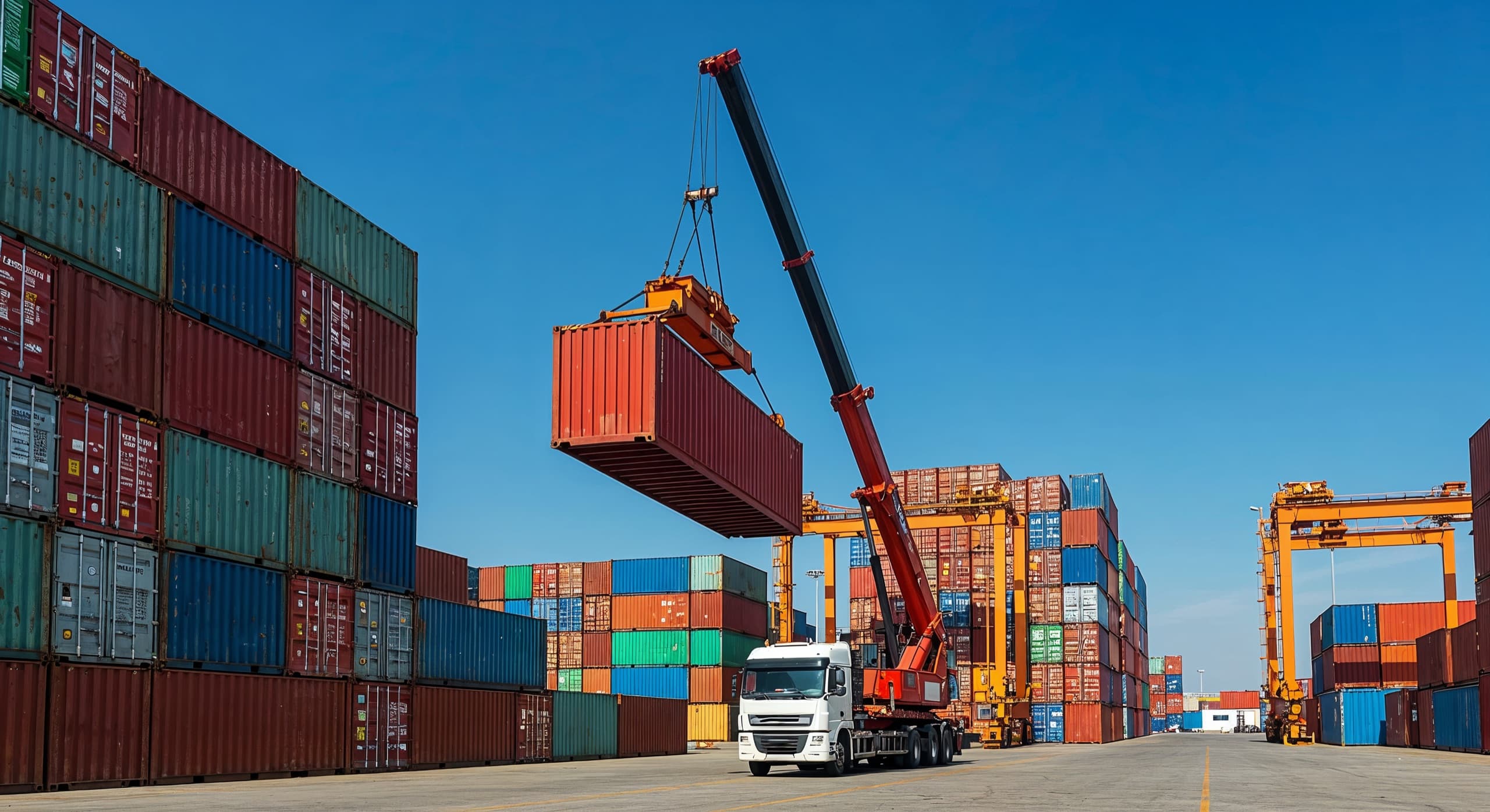 Container terminal with a drayage truck moving freight between stacked shipping containers